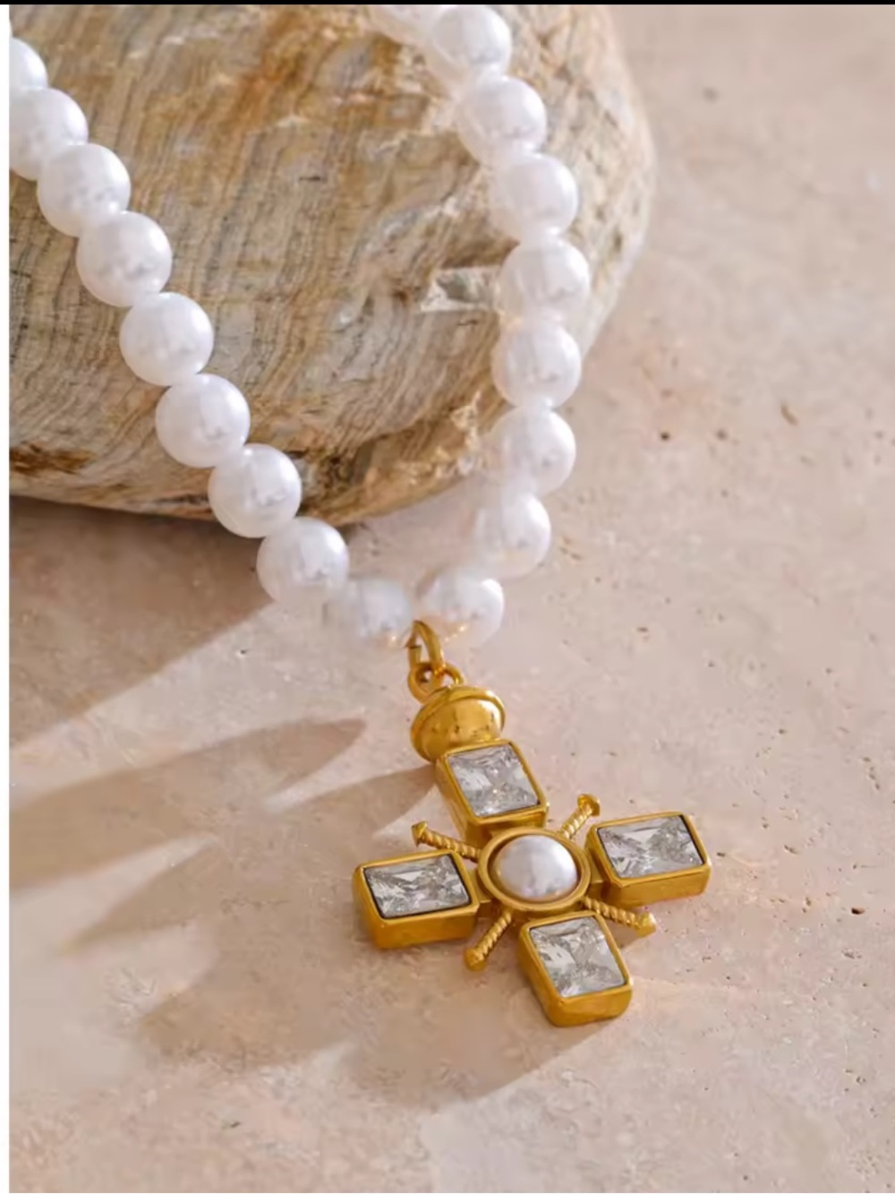 Gold Cross Pearl Pendant Necklace - Picture 12 of 16